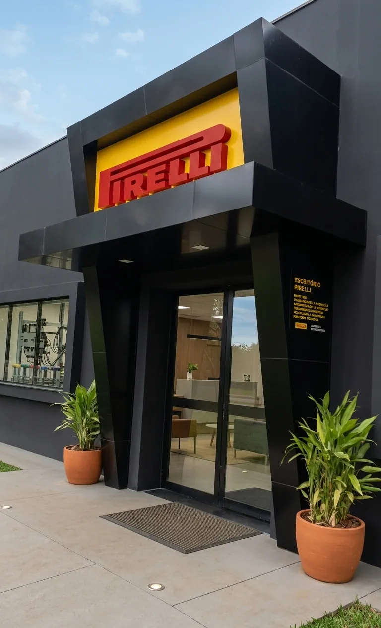 Fachada comercial — Revestimento em ACM com identificação de entrada